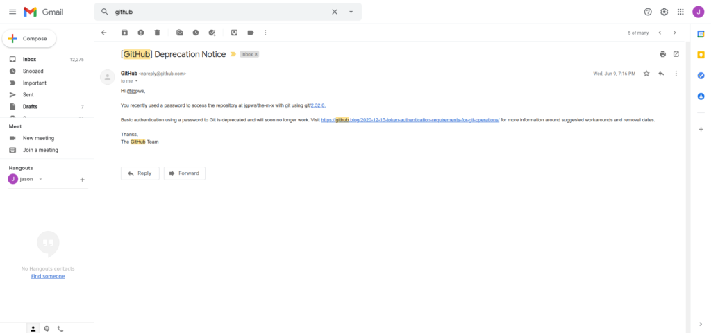GitHub deprecation email