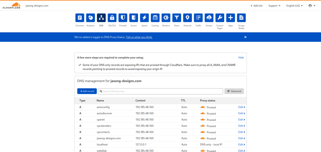 DNS tab in Cloudflare