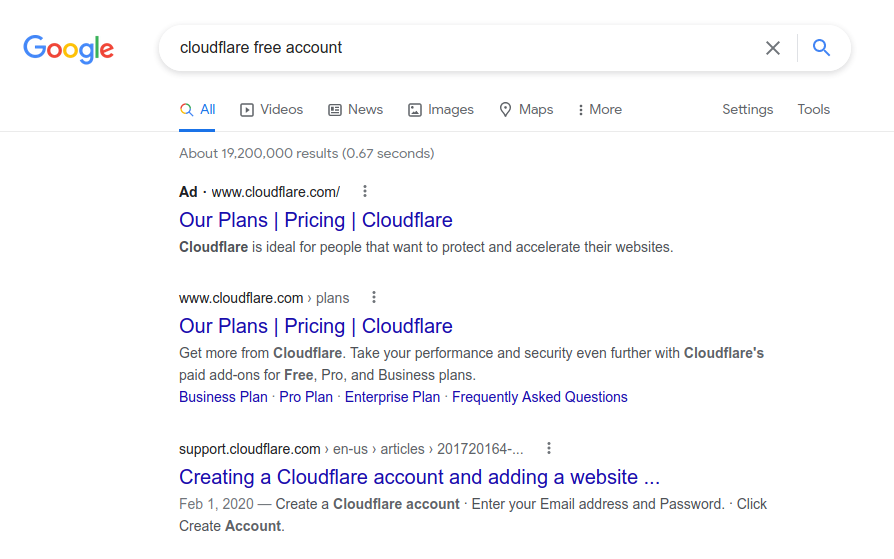 Cloudflare Google results page