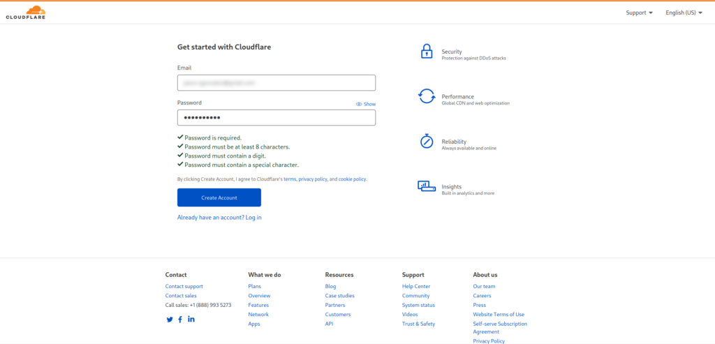 Cloudflare sign up page