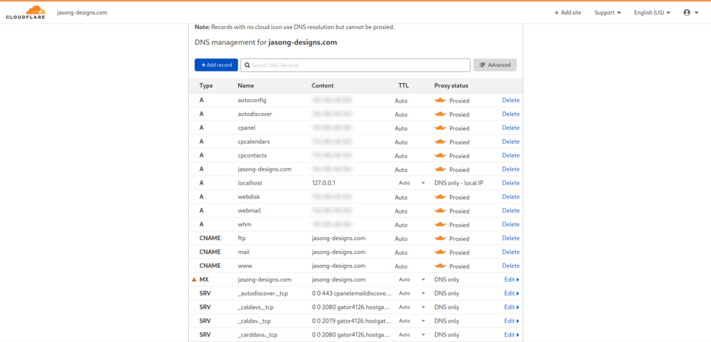 Cloudflare DNS records screen