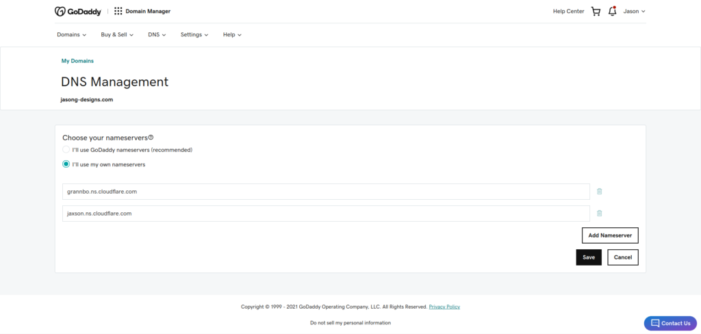 GoDaddy DNS Management screen with new nameservers