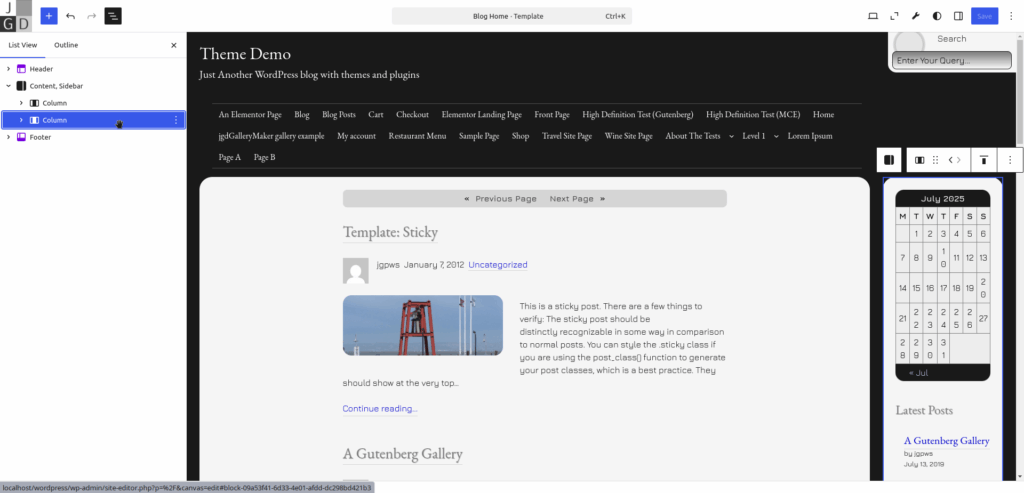 Using List View to select the Sidebar column.