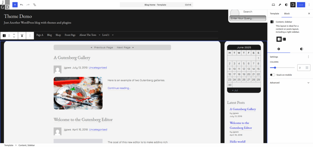 Content, Sidebar column layout