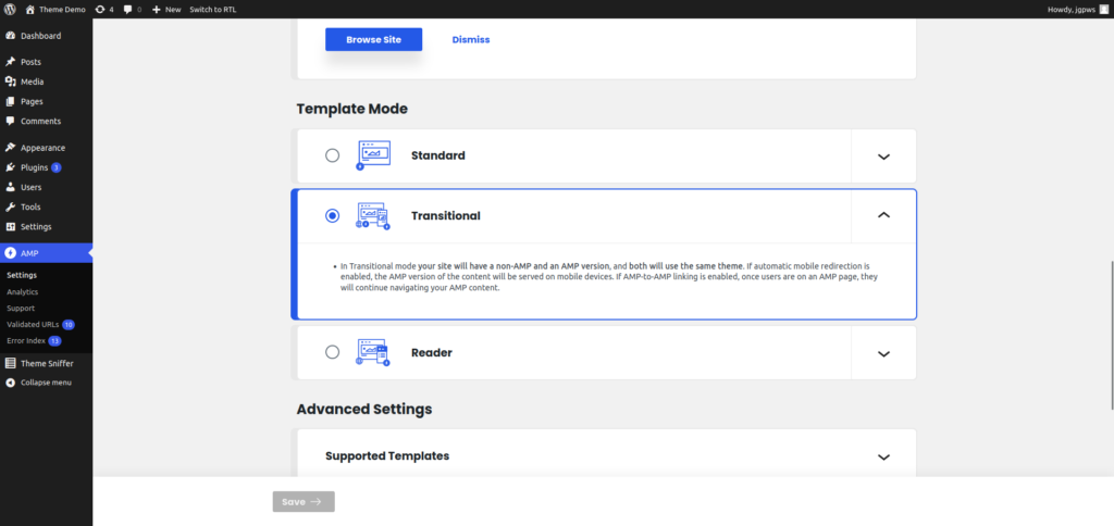 WordPress AMP plugin Transitional mode