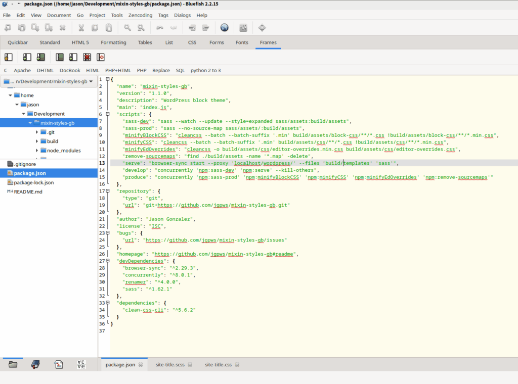 Mixin' Styles- GB package.json file in a text editor