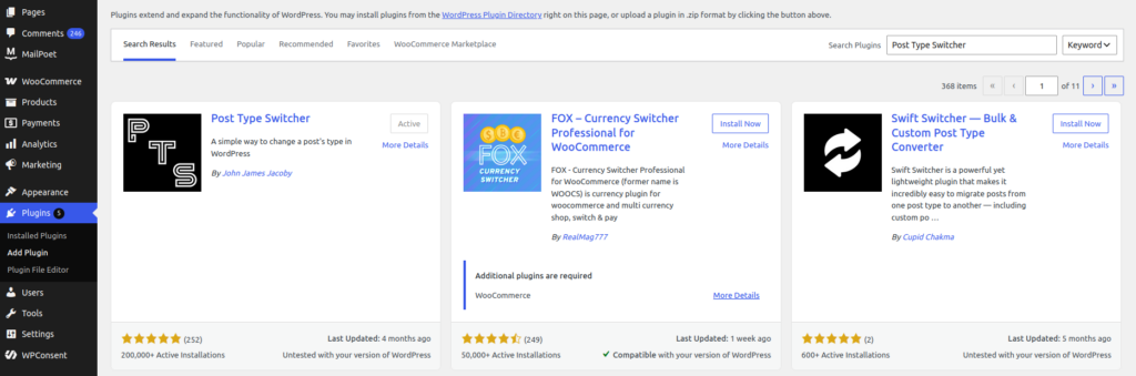 WordPress Add Plugin screen for Post Type Switcher