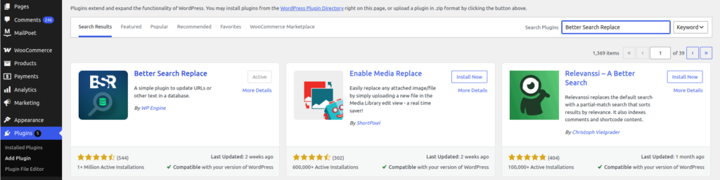 Plugins screen for Better Search Replace