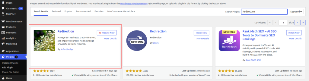 Plugins screen for Redirection