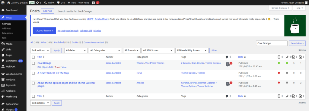 WordPress Posts screen