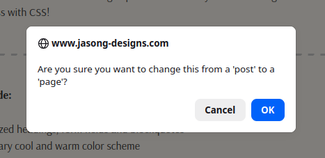 Prompt to continue changing a post to a page