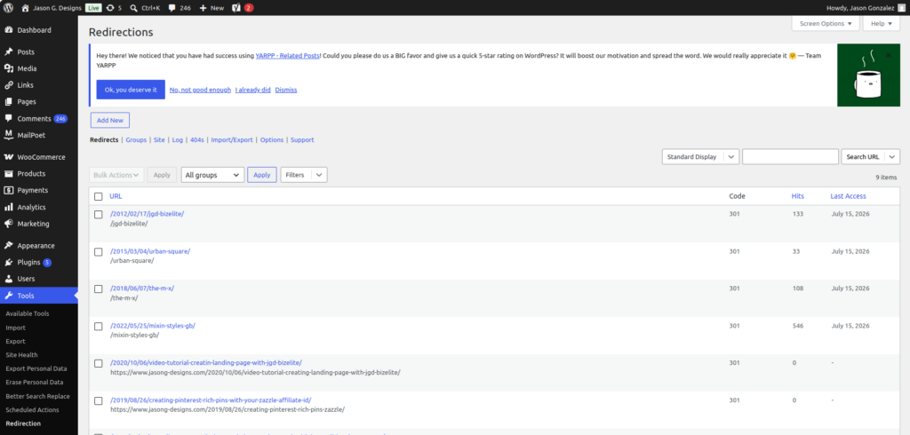 Redirection (by John Godley) plugin screen